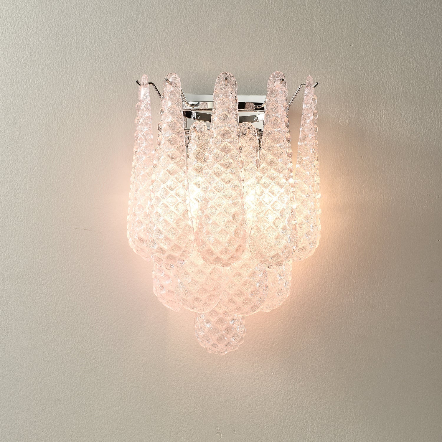 Modern Pink Waffle Pattern Glass Wall Sconce with Chrome Metal Finish Interior Lighting