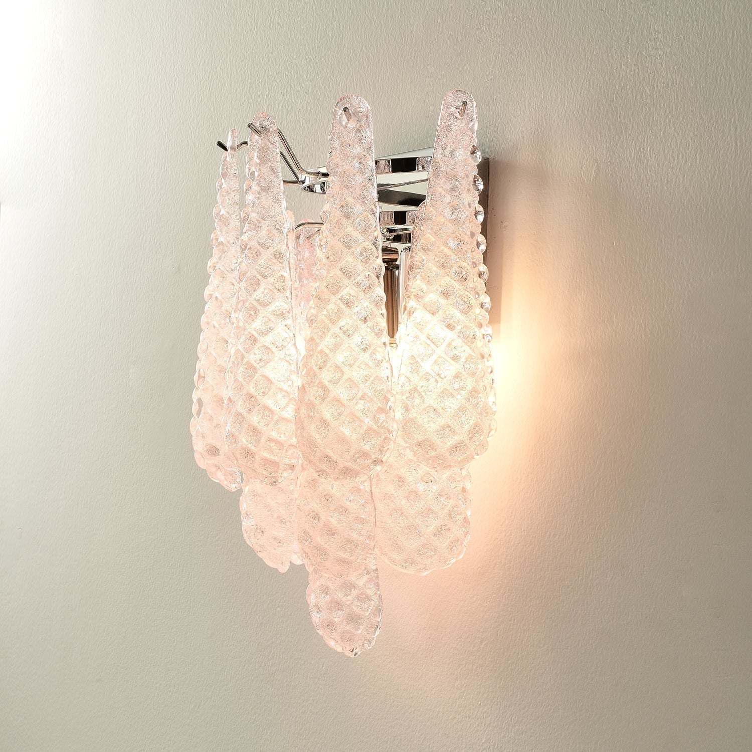 Modern Pink Waffle Pattern Glass Wall Sconce with Chrome Metal Finish Interior Lighting