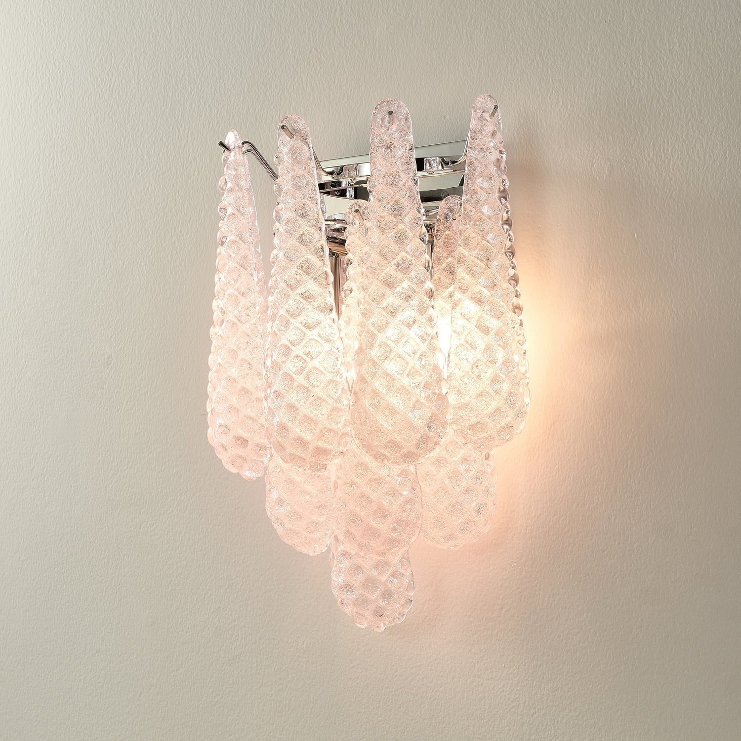 Modern Pink Waffle Pattern Glass Wall Sconce with Chrome Metal Finish Interior Lighting