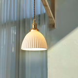 Modern Pleated Ceramic Hanging Pendant Light with Brass Accents for Dining Room