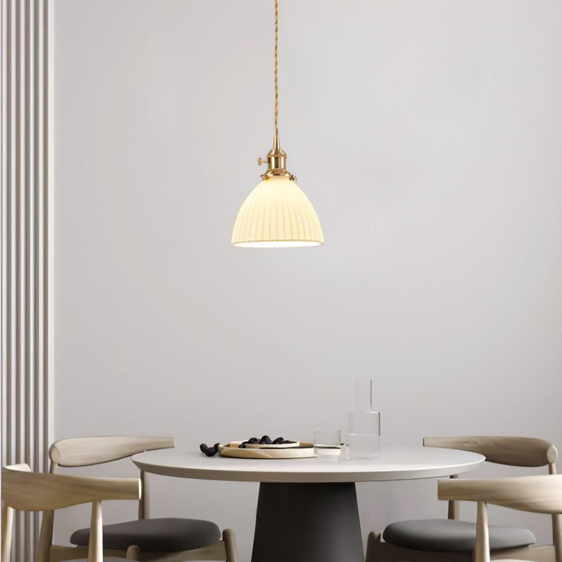 Modern Pleated Ceramic Hanging Pendant Light with Brass Accents for Dining Room