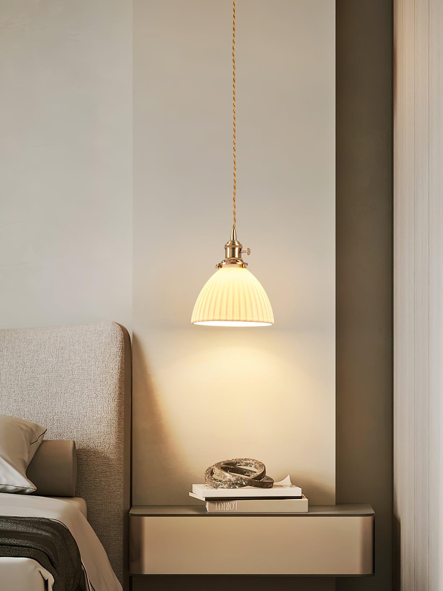 Modern Pleated Ceramic Hanging Pendant Light with Brass Accents for Dining Room