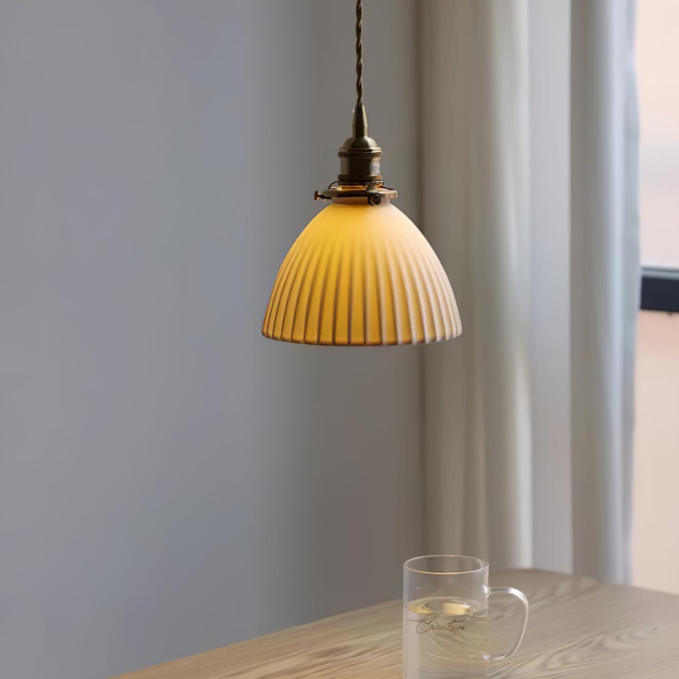 Modern Pleated Ceramic Hanging Pendant Light with Brass Accents for Dining Room