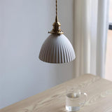 Modern Pleated Ceramic Hanging Pendant Light with Brass Accents for Dining Room