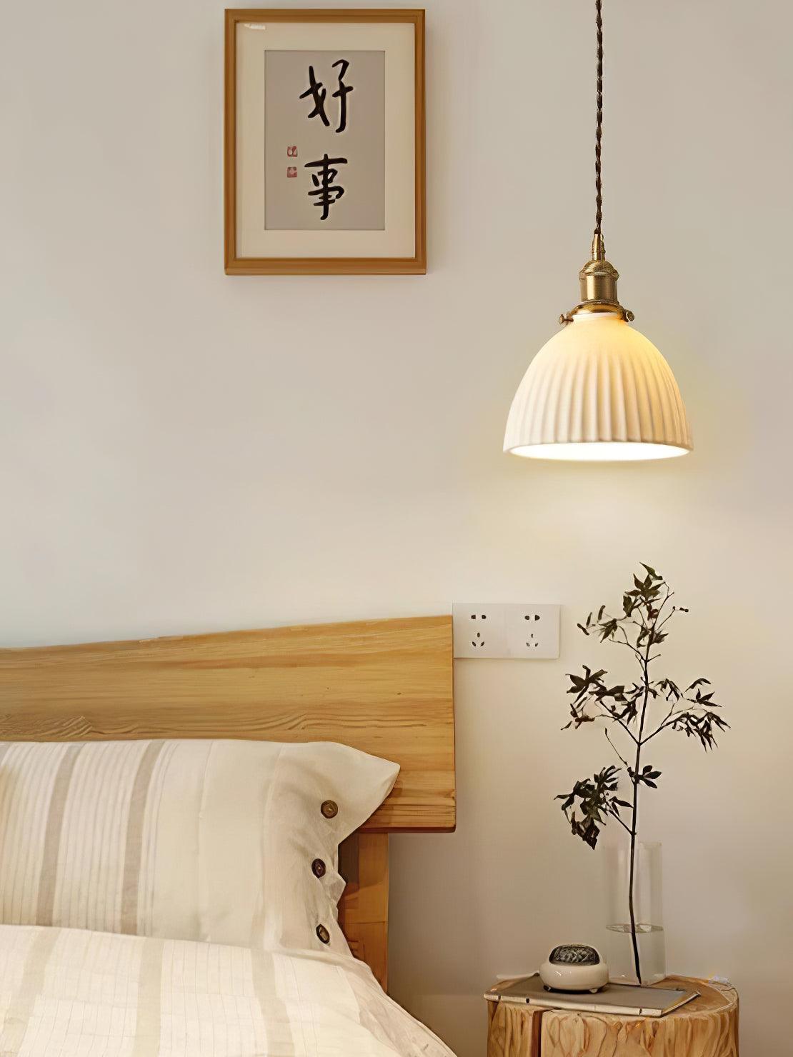 Modern Pleated Ceramic Hanging Pendant Light with Brass Accents for Dining Room