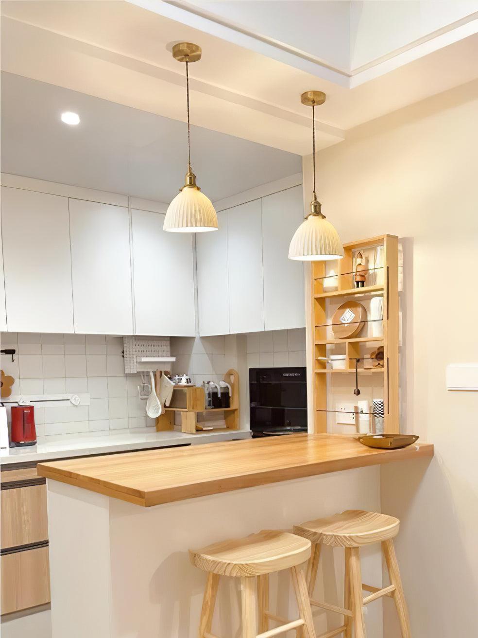 Modern Pleated Ceramic Hanging Pendant Light with Brass Accents for Dining Room