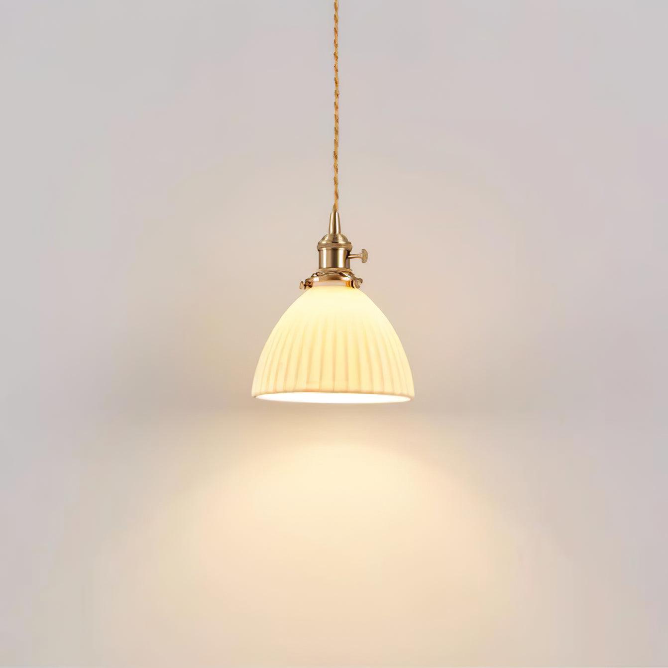 Modern Pleated Ceramic Hanging Pendant Light with Brass Accents for Dining Room