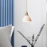 Modern Pleated Ceramic Hanging Pendant Light with Brass Accents for Dining Room