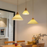 Modern Pleated Fabric and Wood Pendant Light for Living Room and Bedroom