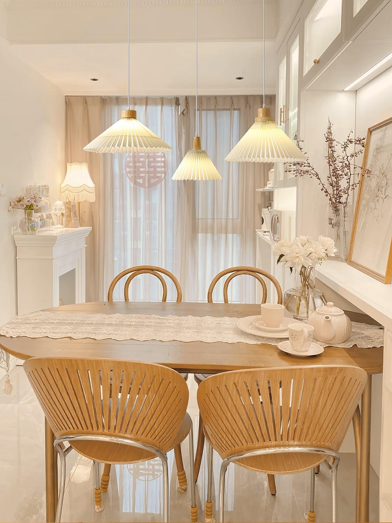 Modern Pleated Fabric and Wood Pendant Light for Living Room and Bedroom