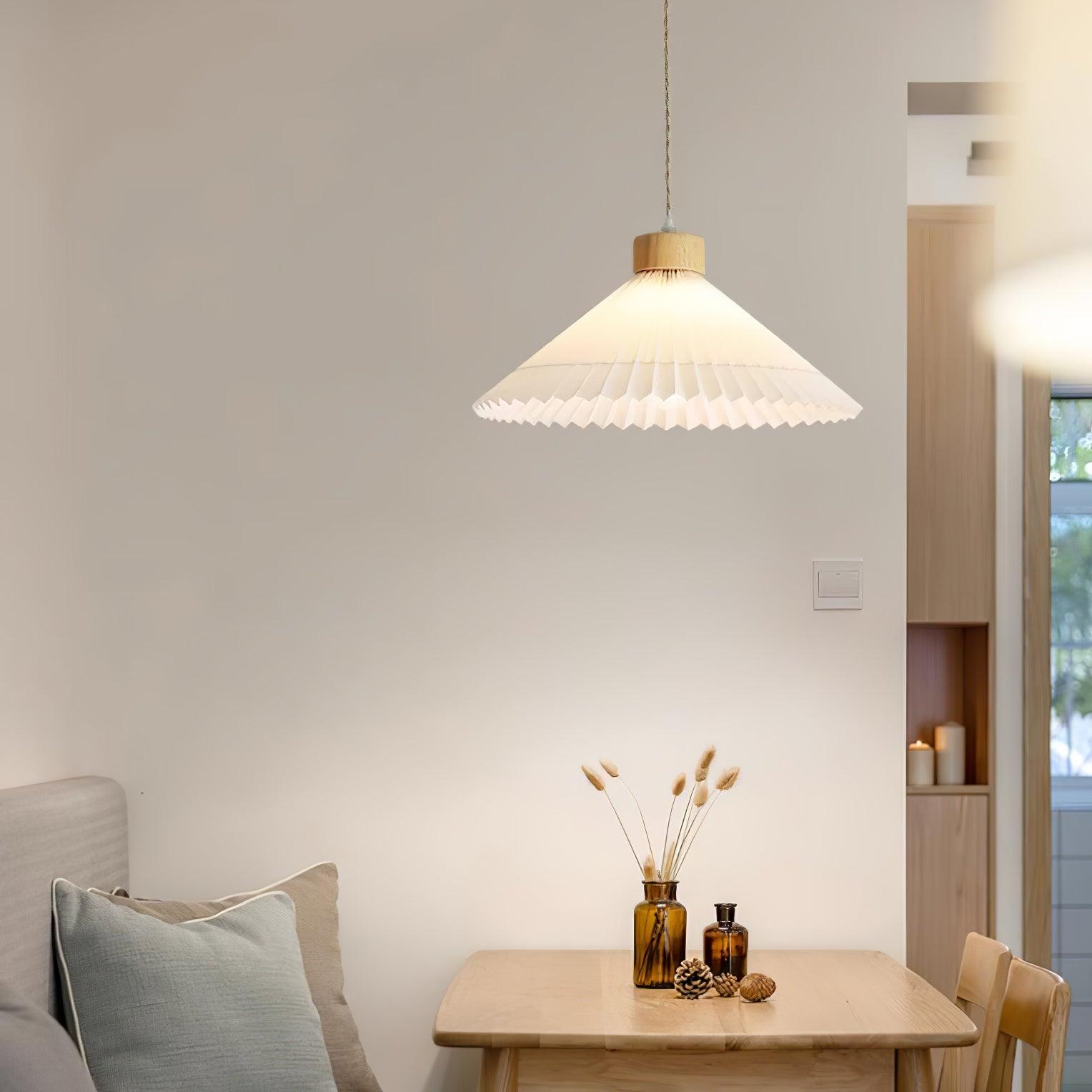Modern Pleated Fabric and Wood Pendant Light for Living Room and Bedroom