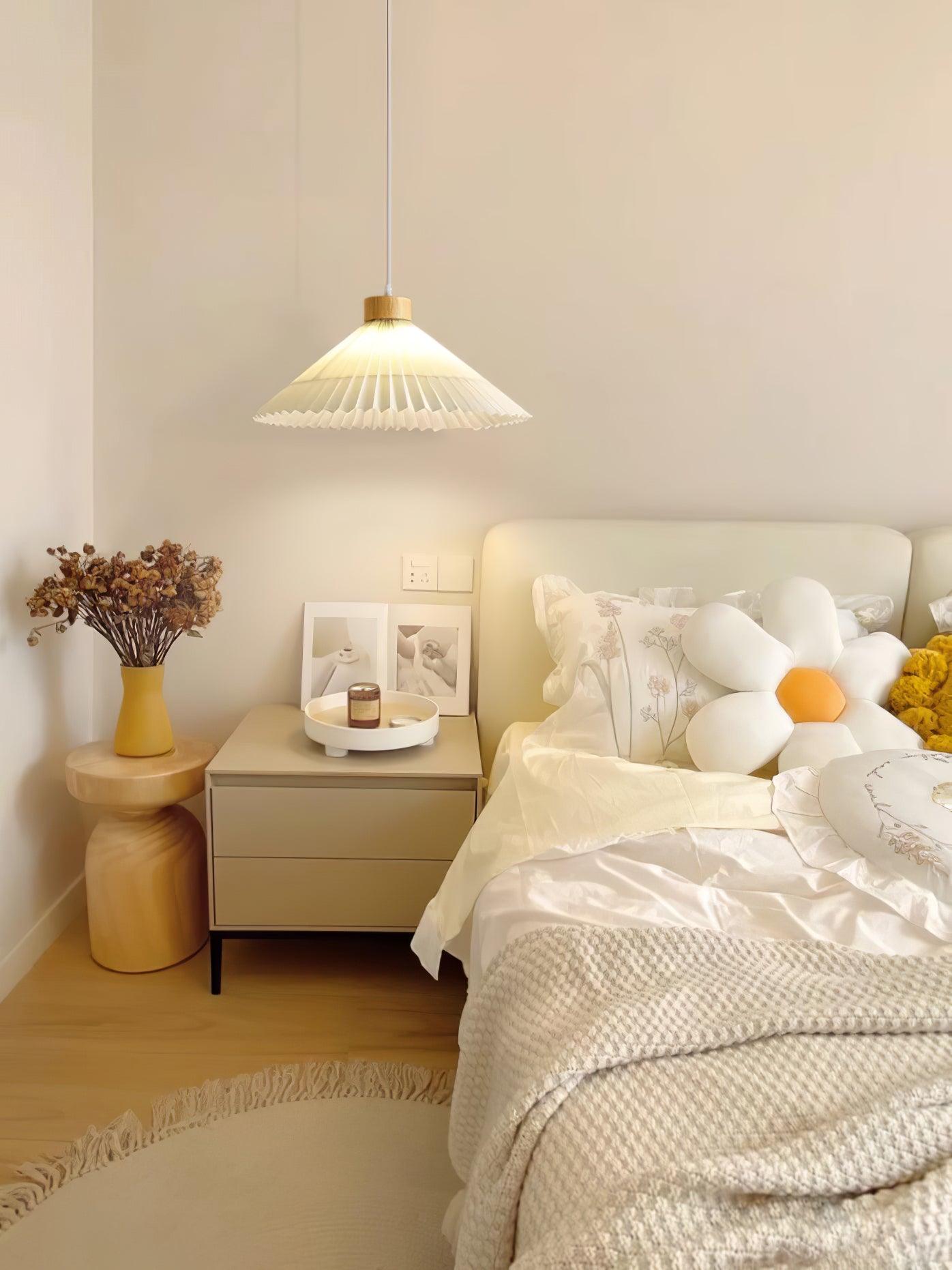 Modern Pleated Fabric and Wood Pendant Light for Living Room and Bedroom
