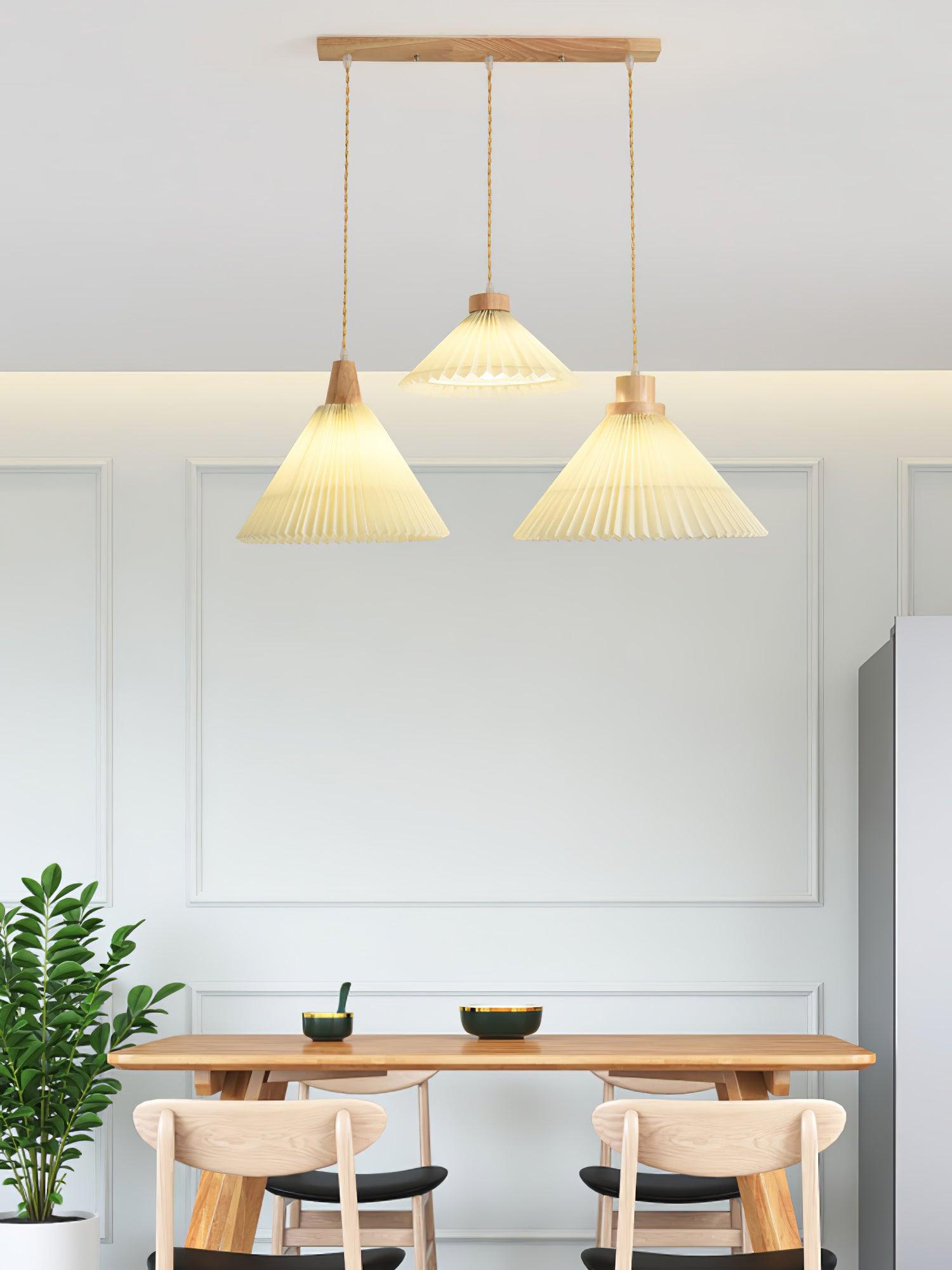 Modern Pleated Fabric and Wood Pendant Light for Living Room and Bedroom