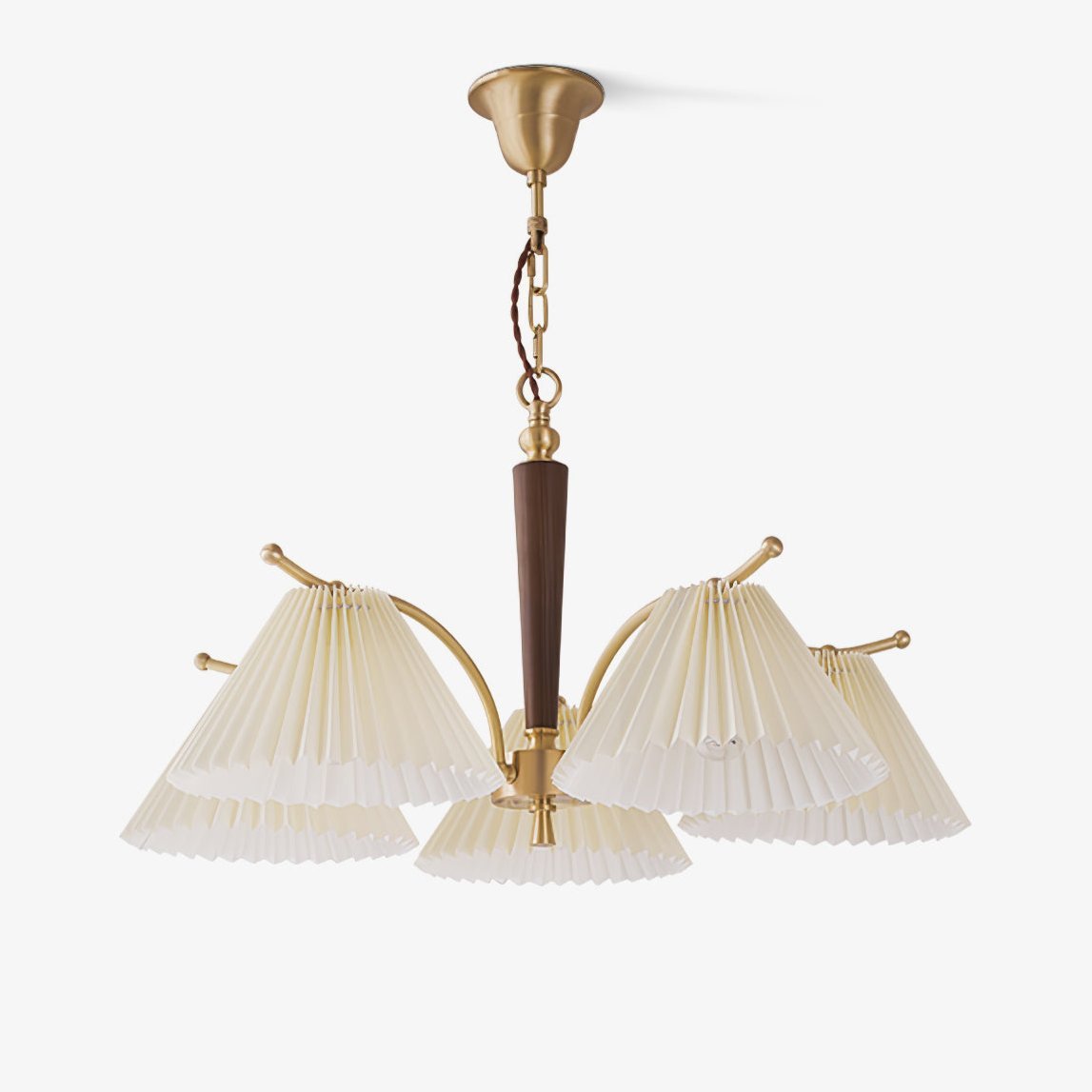 Modern Pleated Fabric Chandelier with Walnut Wood and Brass Accents for Contemporary Interiors
