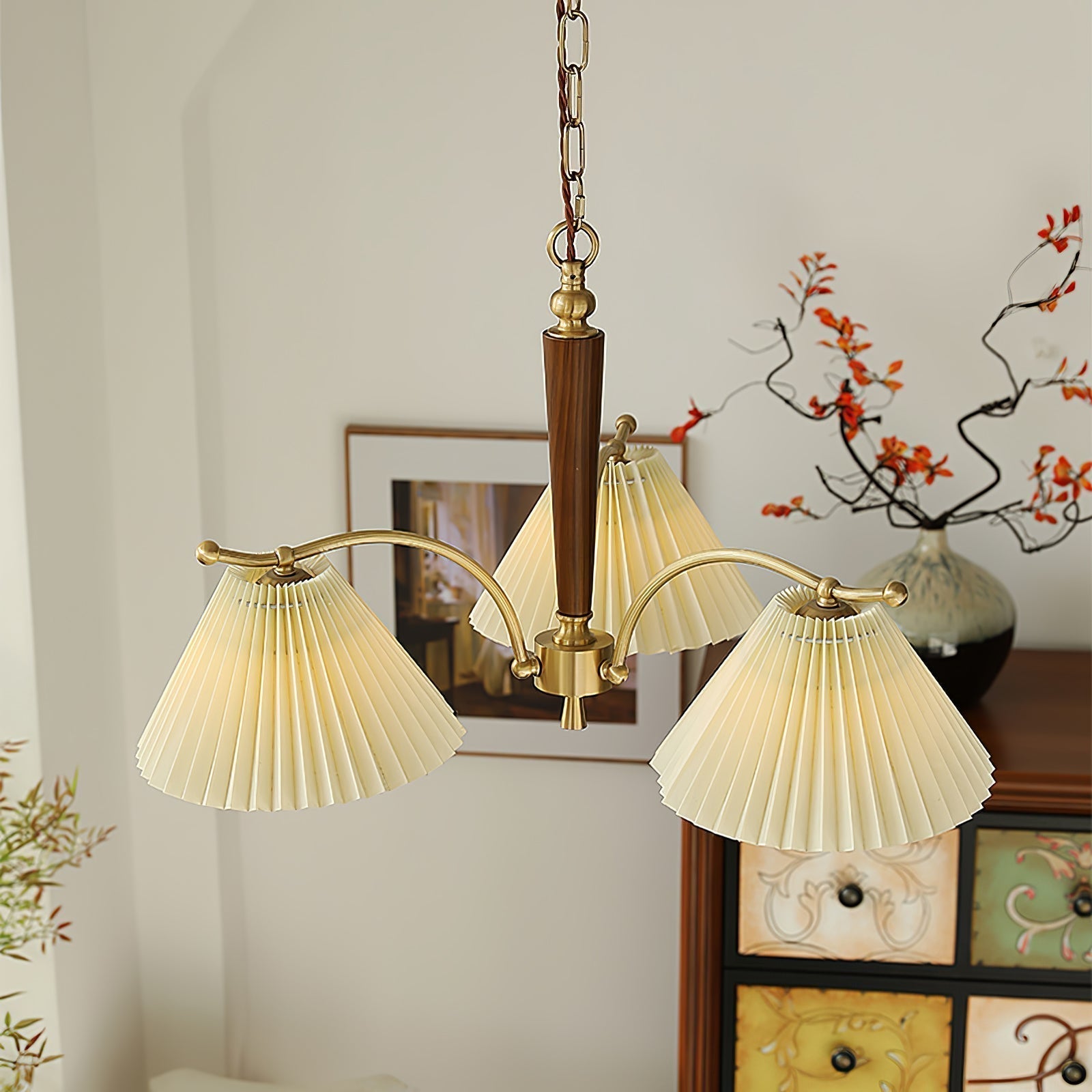 Modern Pleated Fabric Chandelier with Walnut Wood and Brass Accents for Contemporary Interiors