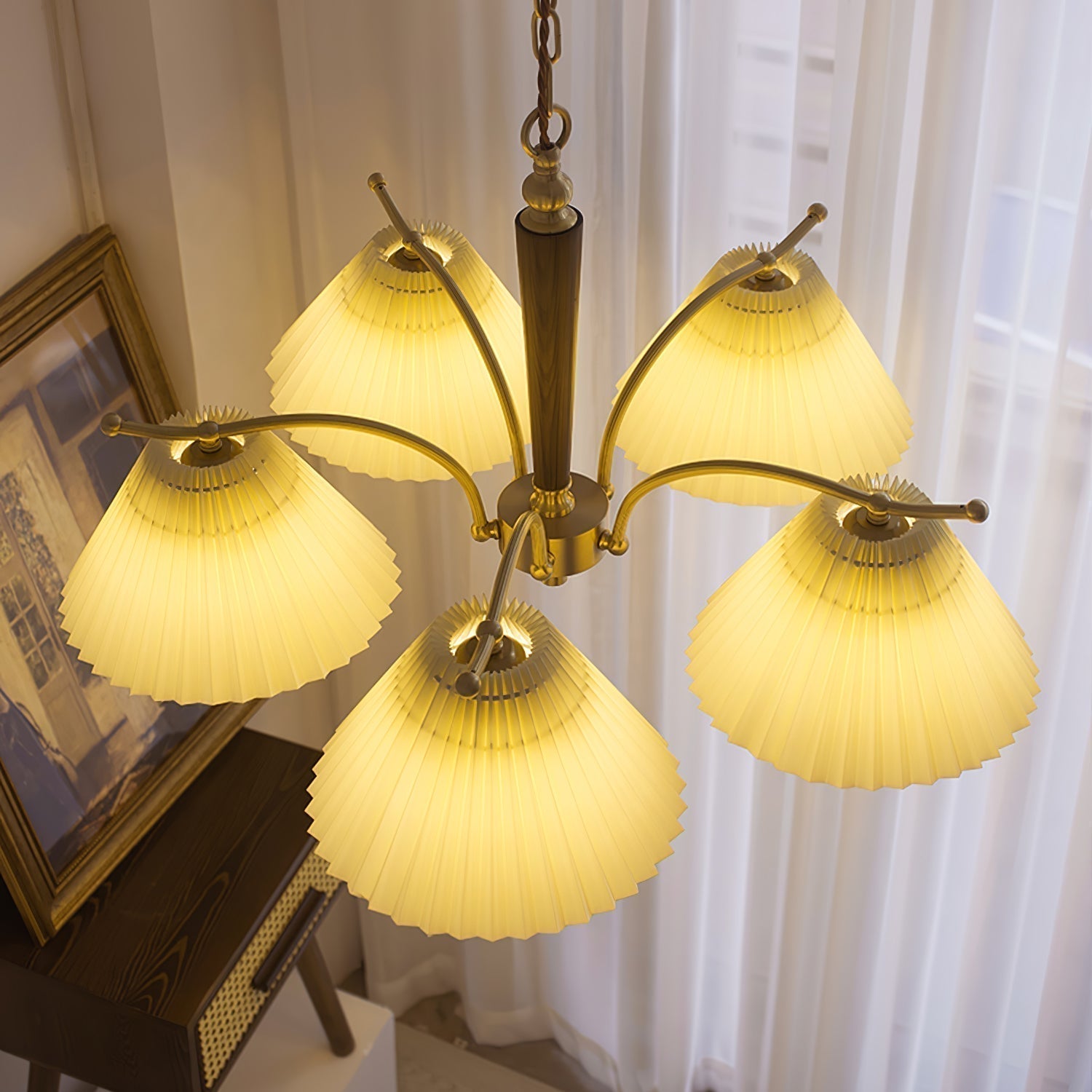 Modern Pleated Fabric Chandelier with Walnut Wood and Brass Accents for Contemporary Interiors