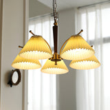 Modern Pleated Fabric Chandelier with Walnut Wood and Brass Accents for Contemporary Interiors