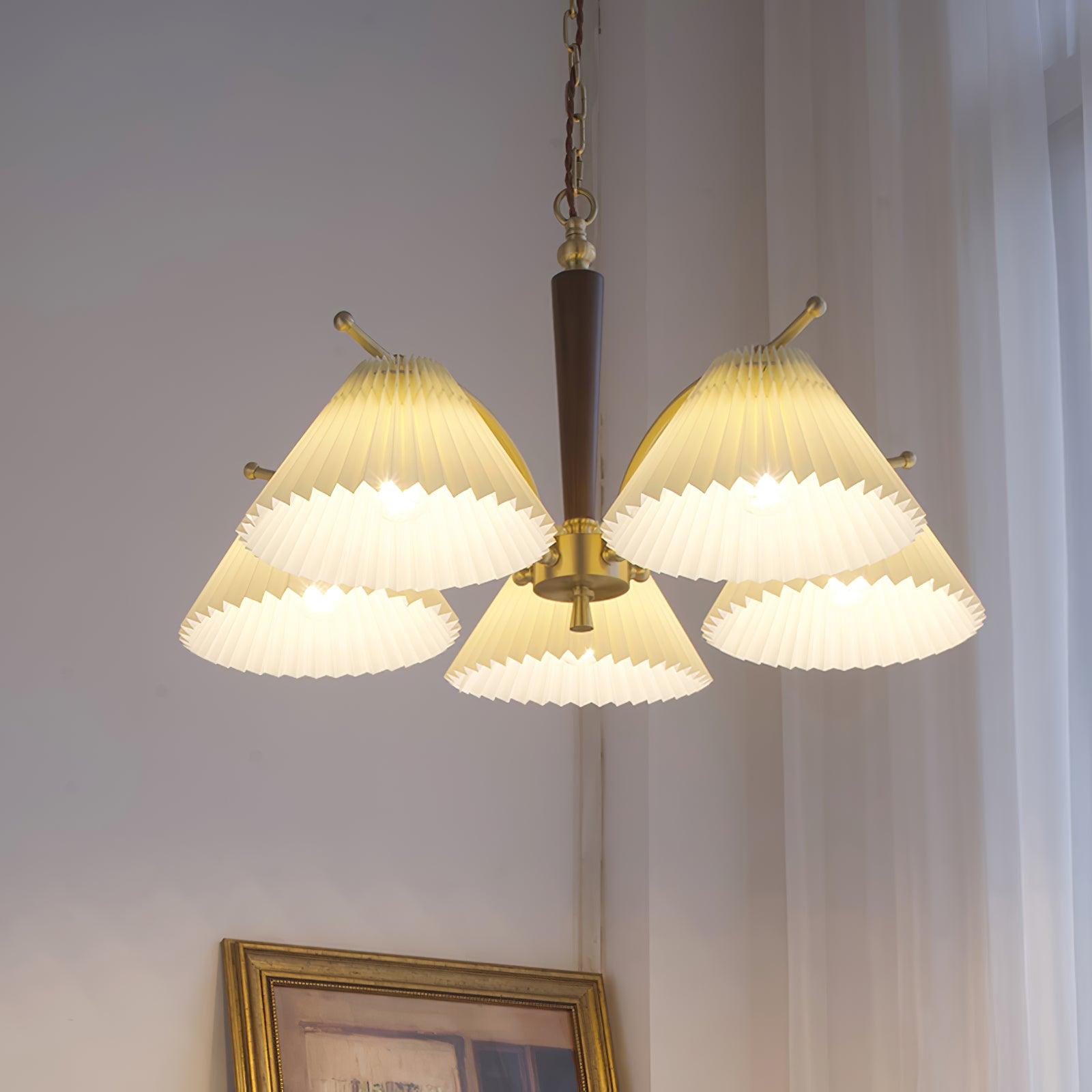 Modern Pleated Fabric Chandelier with Walnut Wood and Brass Accents for Contemporary Interiors