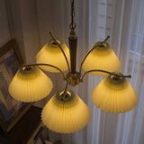 Modern Pleated Fabric Chandelier with Walnut Wood and Brass Accents for Contemporary Interiors