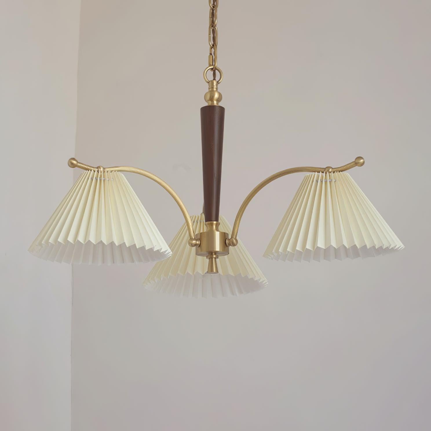 Modern Pleated Fabric Chandelier with Walnut Wood and Brass Accents for Contemporary Interiors
