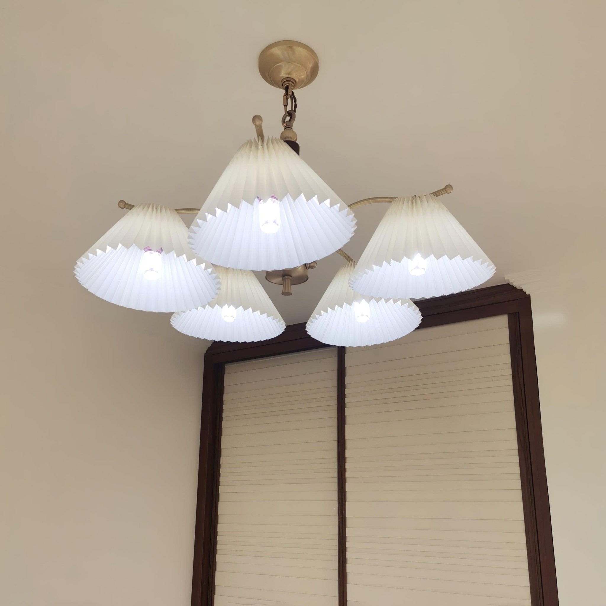 Modern Pleated Fabric Chandelier with Walnut Wood and Brass Accents for Contemporary Interiors
