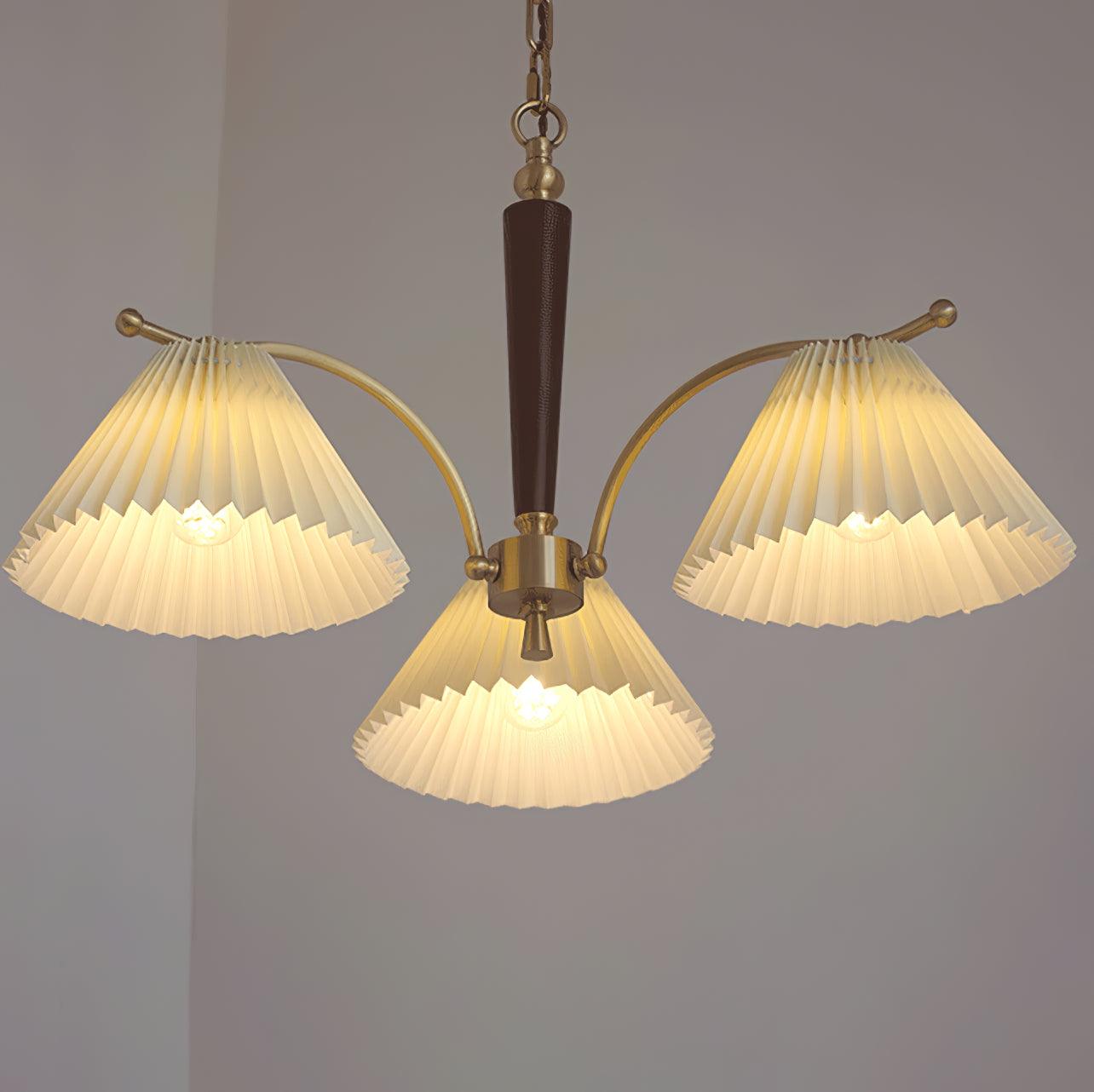 Modern Pleated Fabric Chandelier with Walnut Wood and Brass Accents for Contemporary Interiors