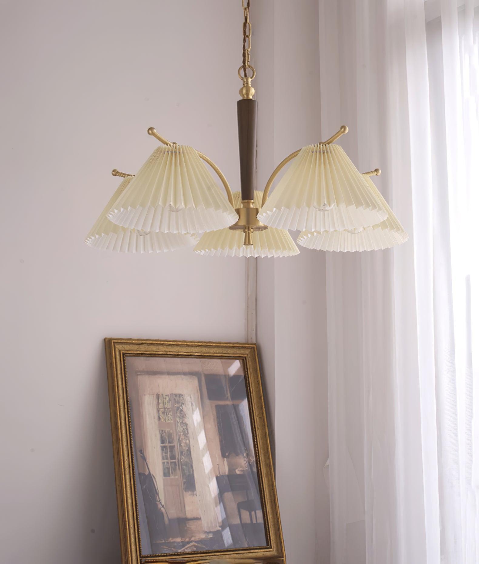 Modern Pleated Fabric Chandelier with Walnut Wood and Brass Accents for Contemporary Interiors