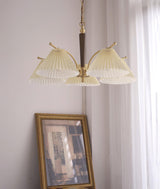Modern Pleated Fabric Chandelier with Walnut Wood and Brass Accents for Contemporary Interiors