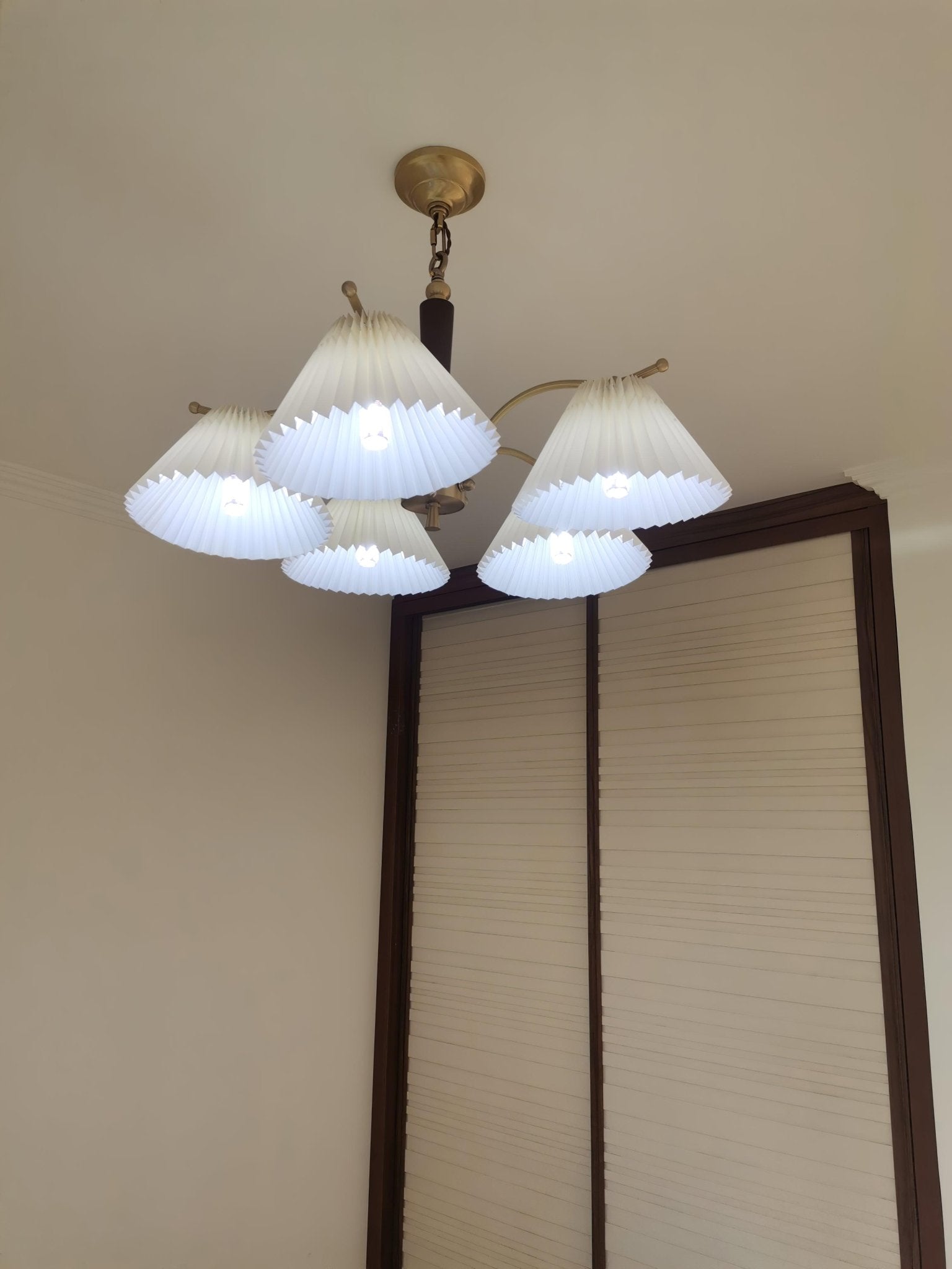 Modern Pleated Fabric Chandelier with Walnut Wood and Brass Accents for Contemporary Interiors