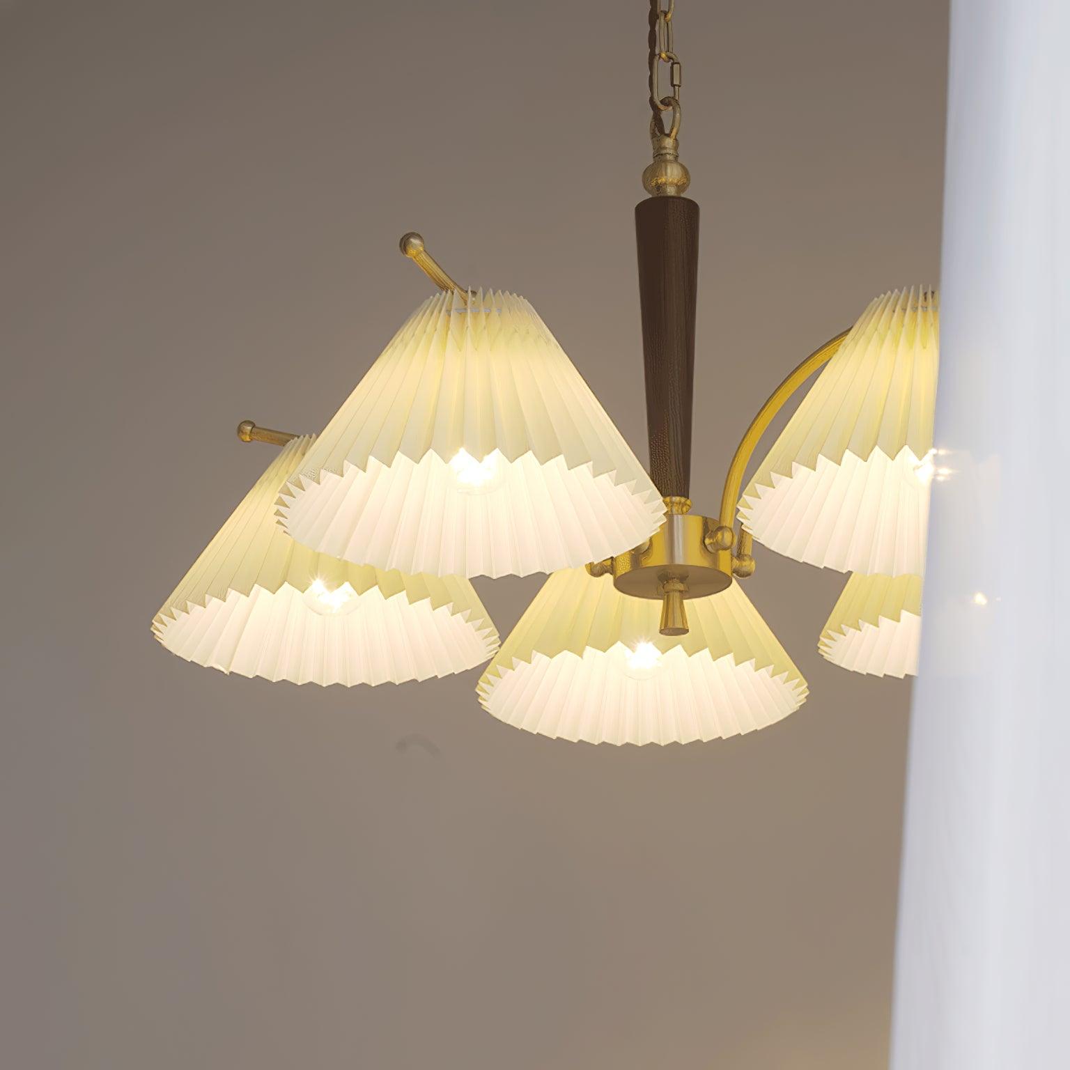 Modern Pleated Fabric Chandelier with Walnut Wood and Brass Accents for Contemporary Interiors