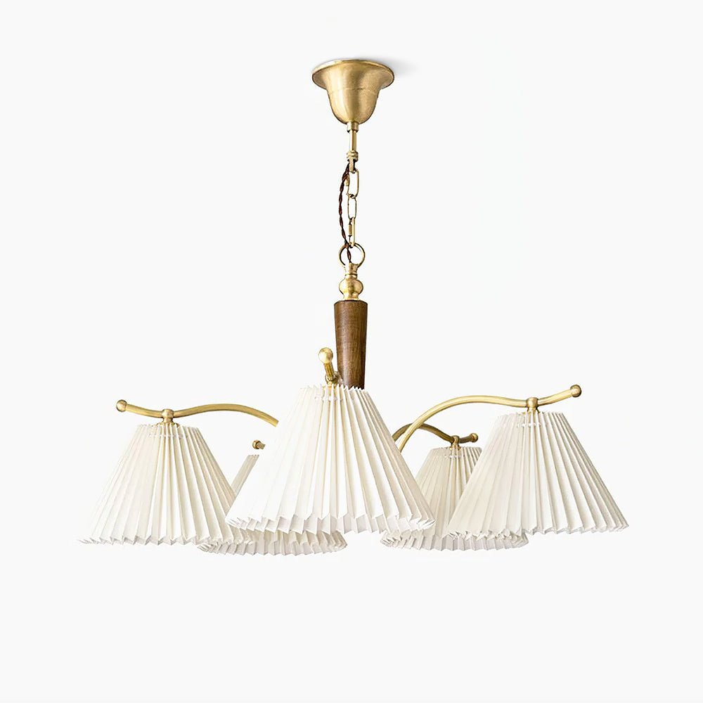Modern Pleated Fabric Chandelier with Walnut Wood and Brass Accents for Contemporary Interiors