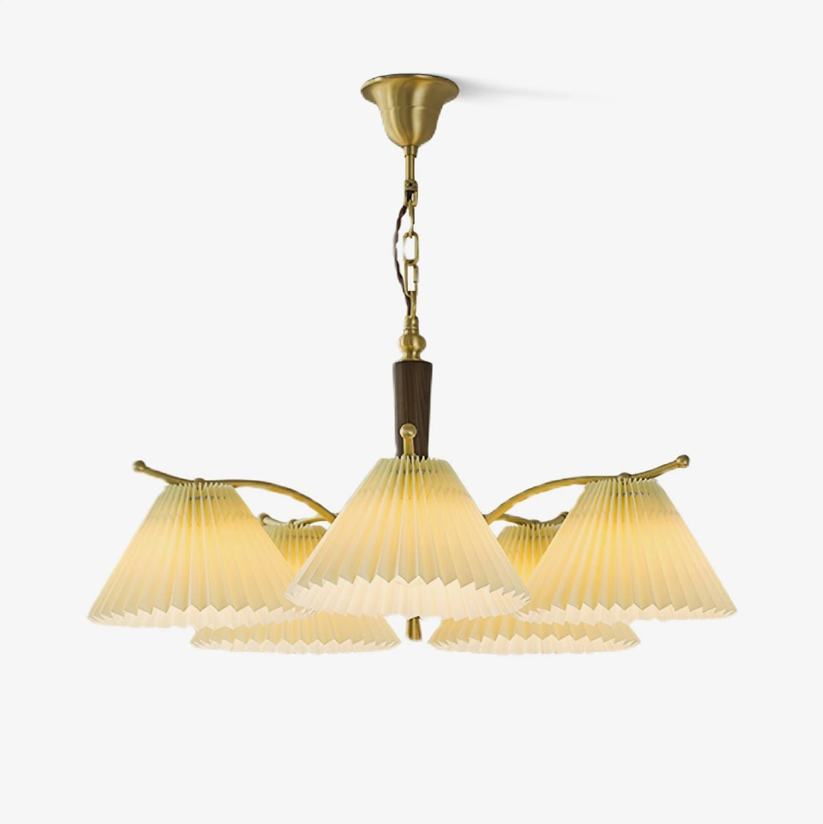 Modern Pleated Fabric Chandelier with Walnut Wood and Brass Accents for Contemporary Interiors