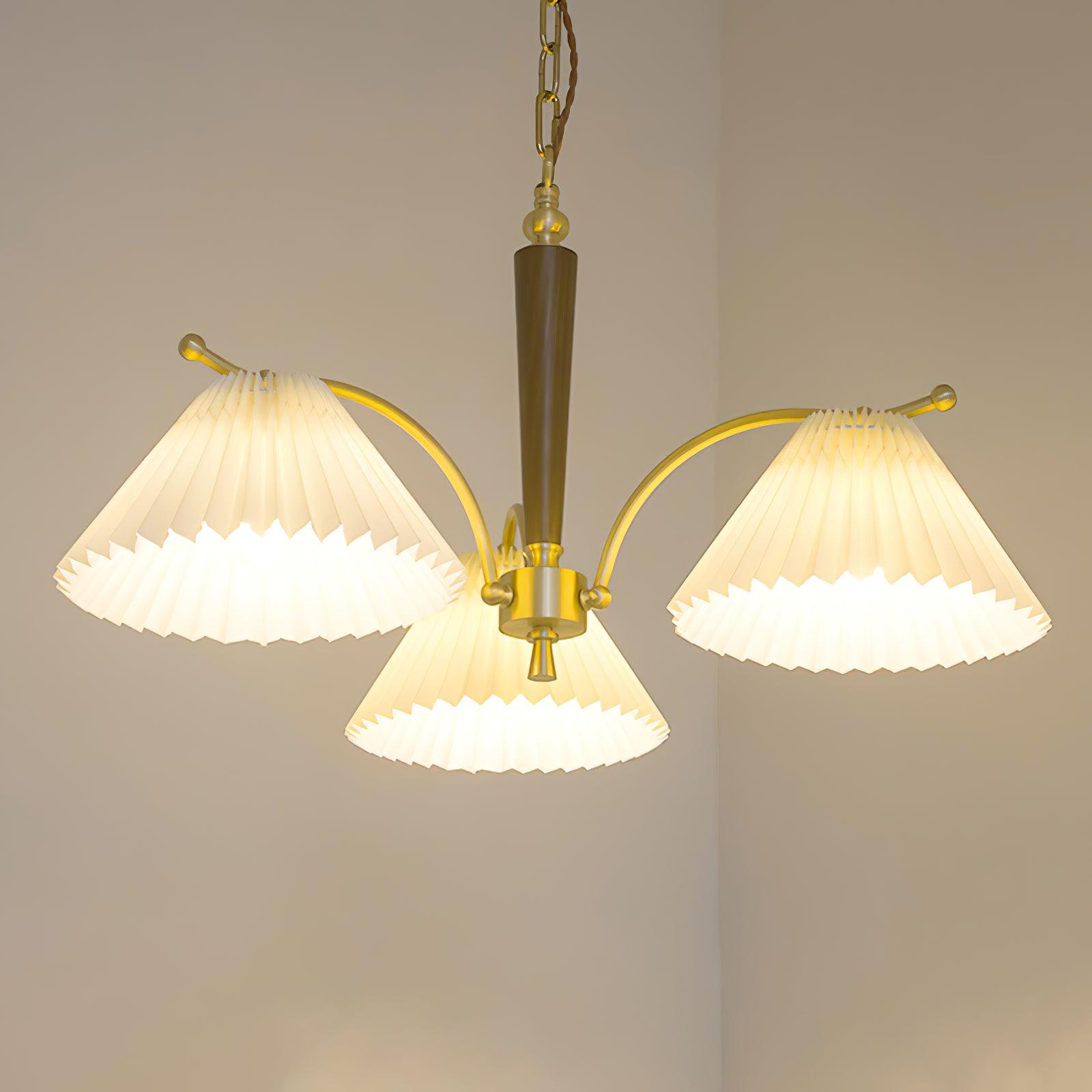 Modern Pleated Fabric Chandelier with Walnut Wood and Brass Accents for Contemporary Interiors