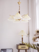 Modern Pleated Fabric Chandelier with Walnut Wood and Brass Accents for Contemporary Interiors