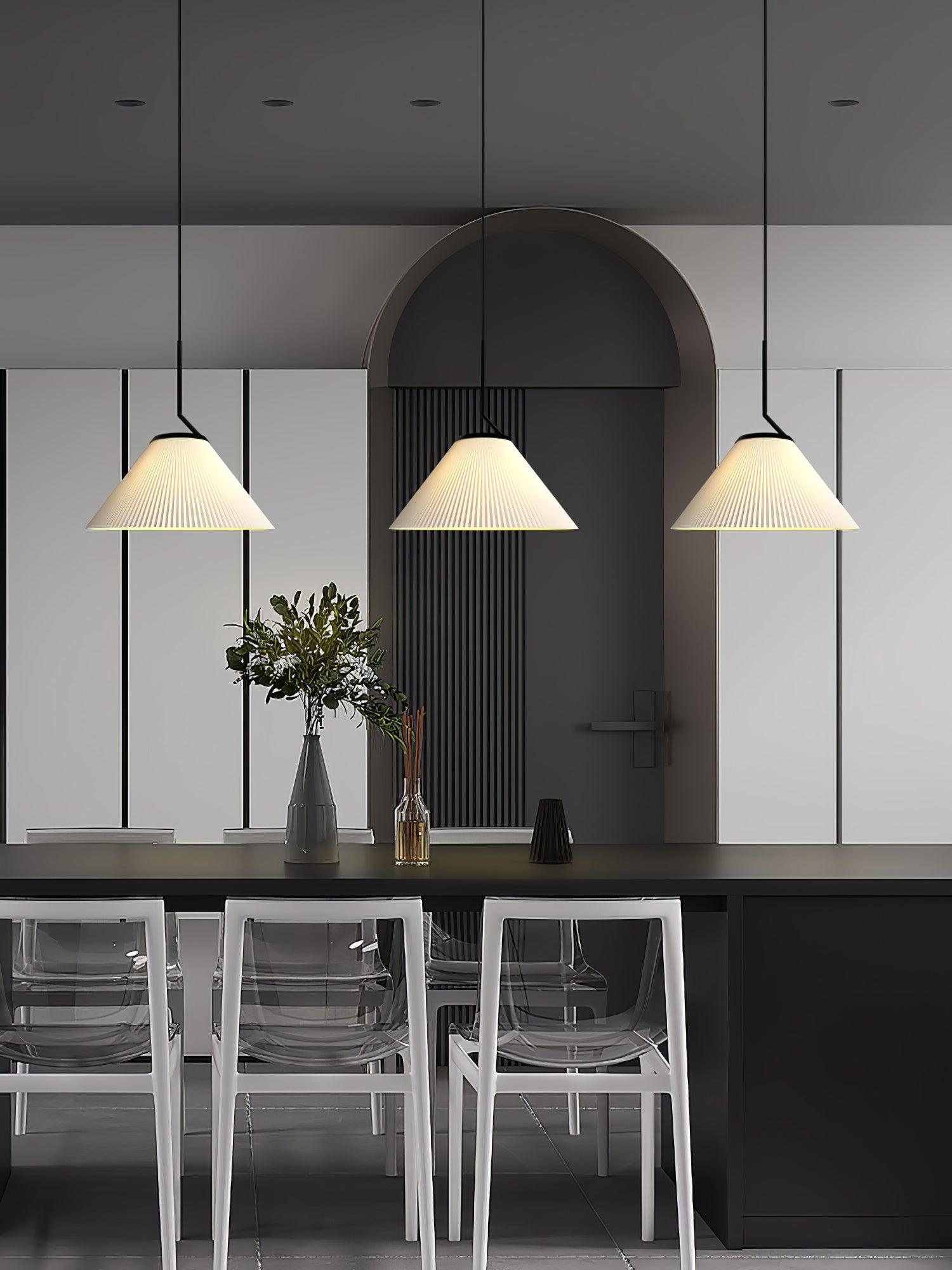 Modern Pleated Fabric Skirt Pendant Light with Beige Shade and Black Metal Frame