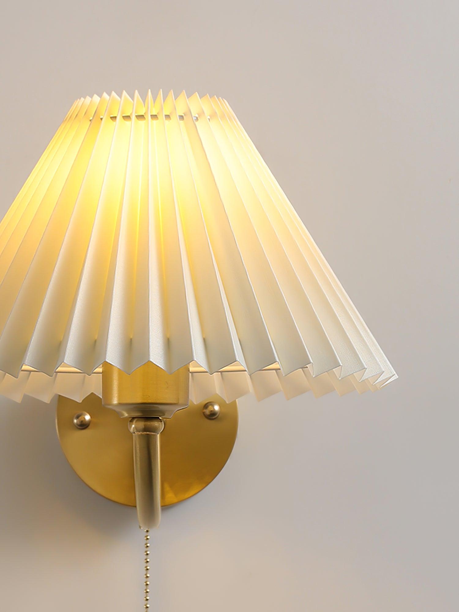 Modern Pleated Fabric Wall Sconce Set of 2 Elegant Brass Indoor Lighting Fixture for Bedroom and Living Room