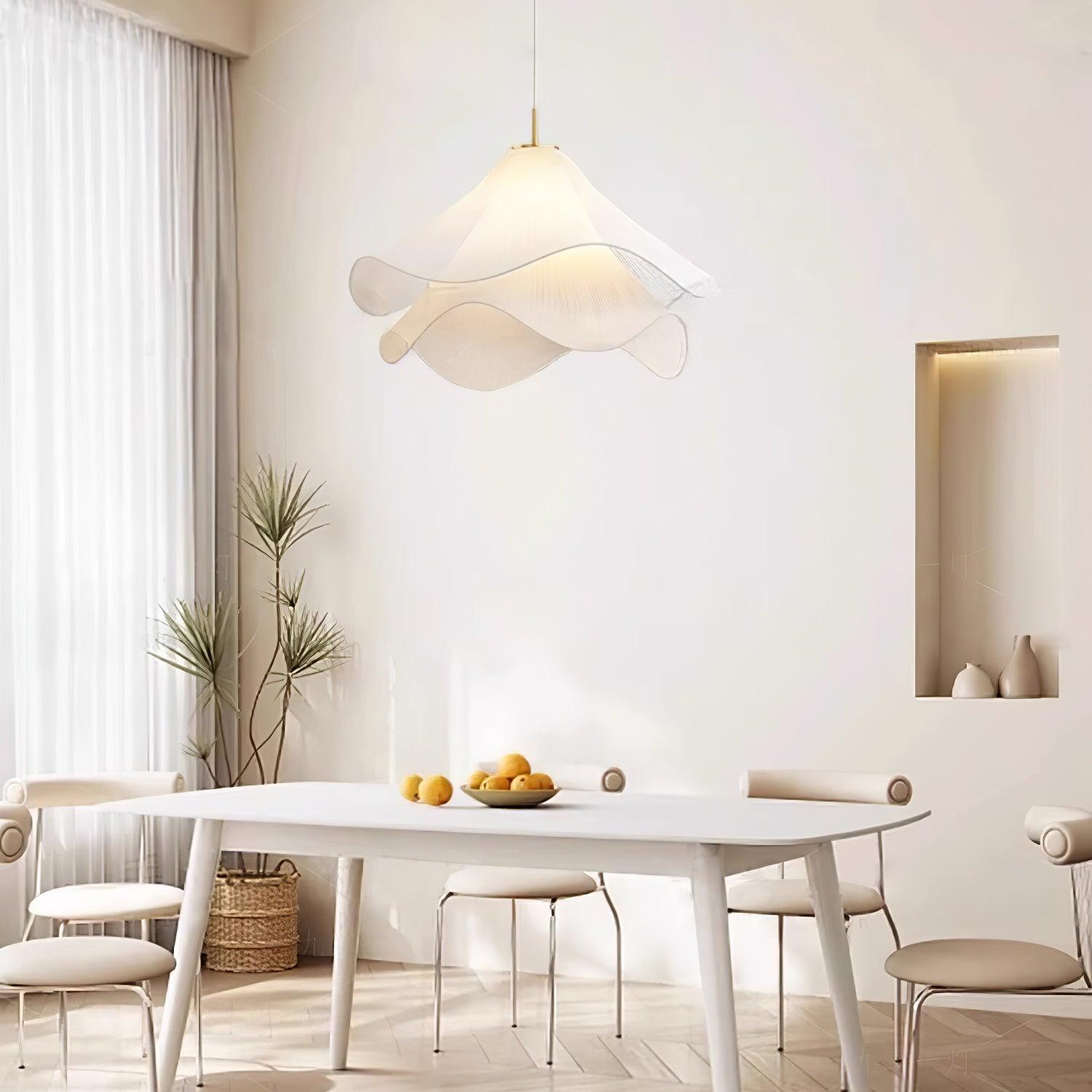 Modern Pleated White Fabric Pendant Light Botanical Layered Hanging Fixture with Gold Hardware