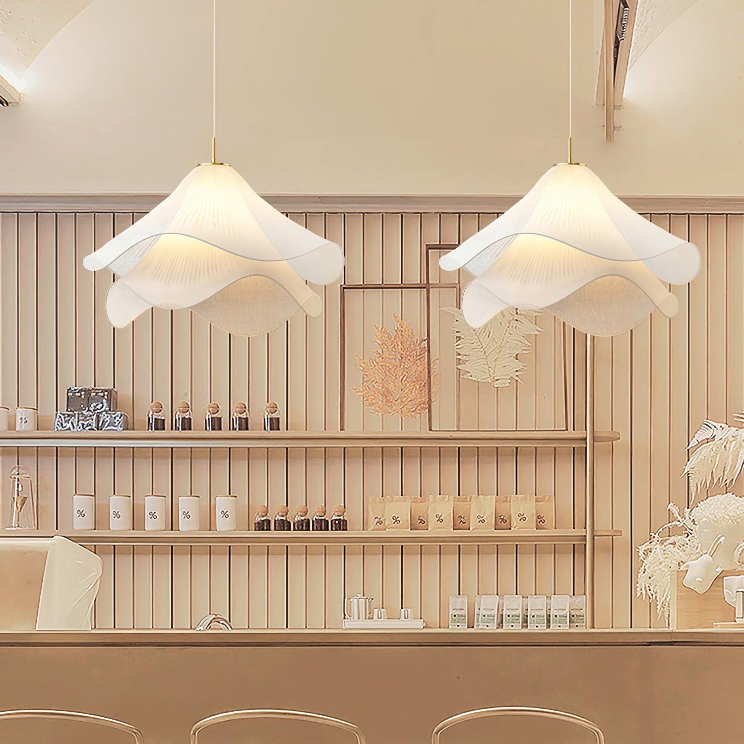Modern Pleated White Fabric Pendant Light Botanical Layered Hanging Fixture with Gold Hardware