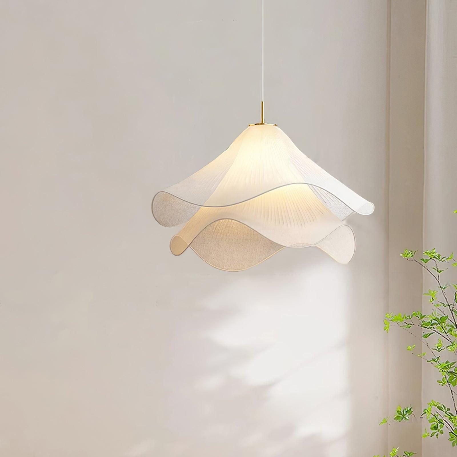 Modern Pleated White Fabric Pendant Light Botanical Layered Hanging Fixture with Gold Hardware