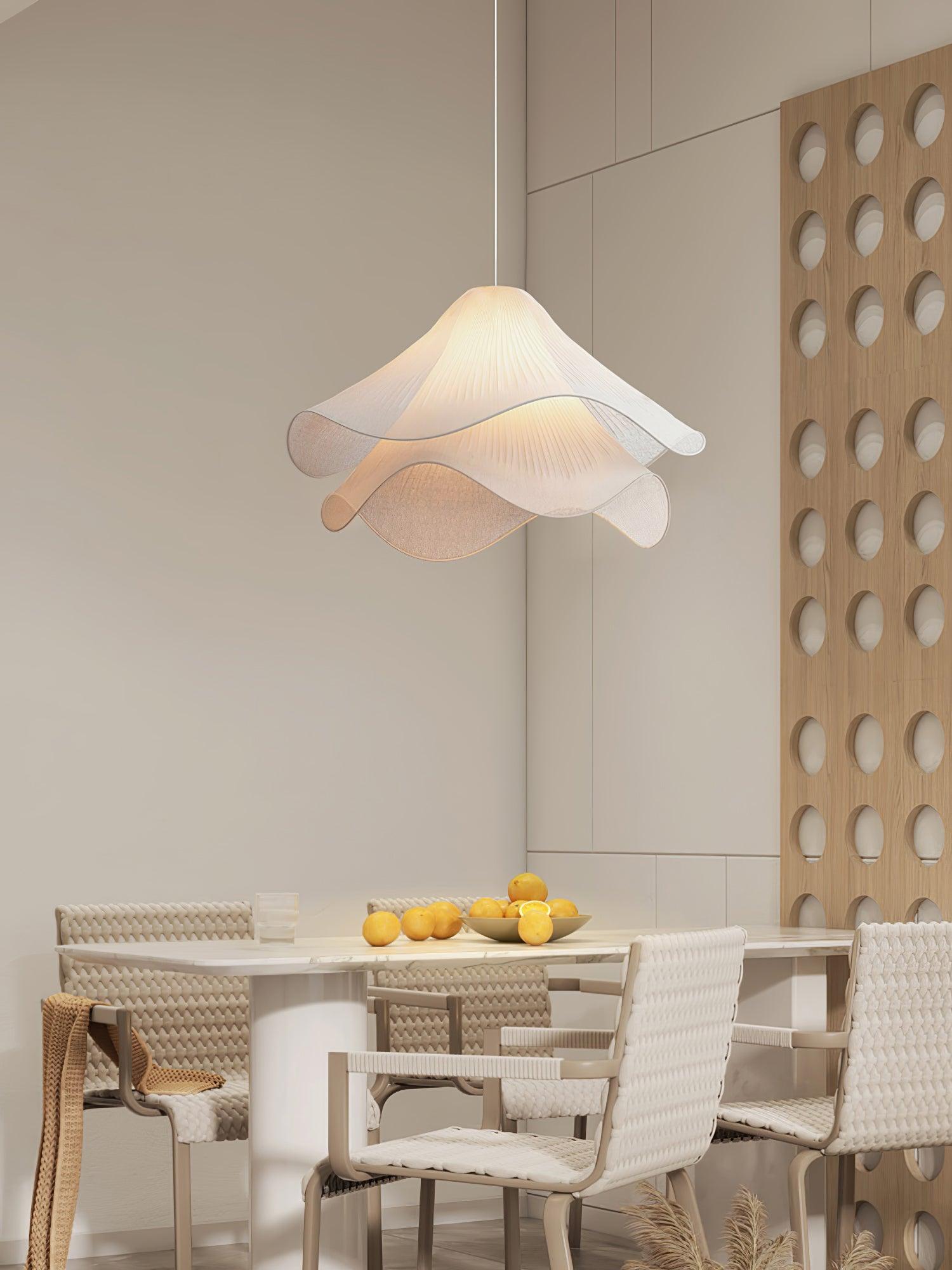 Modern Pleated White Fabric Pendant Light Botanical Layered Hanging Fixture with Gold Hardware