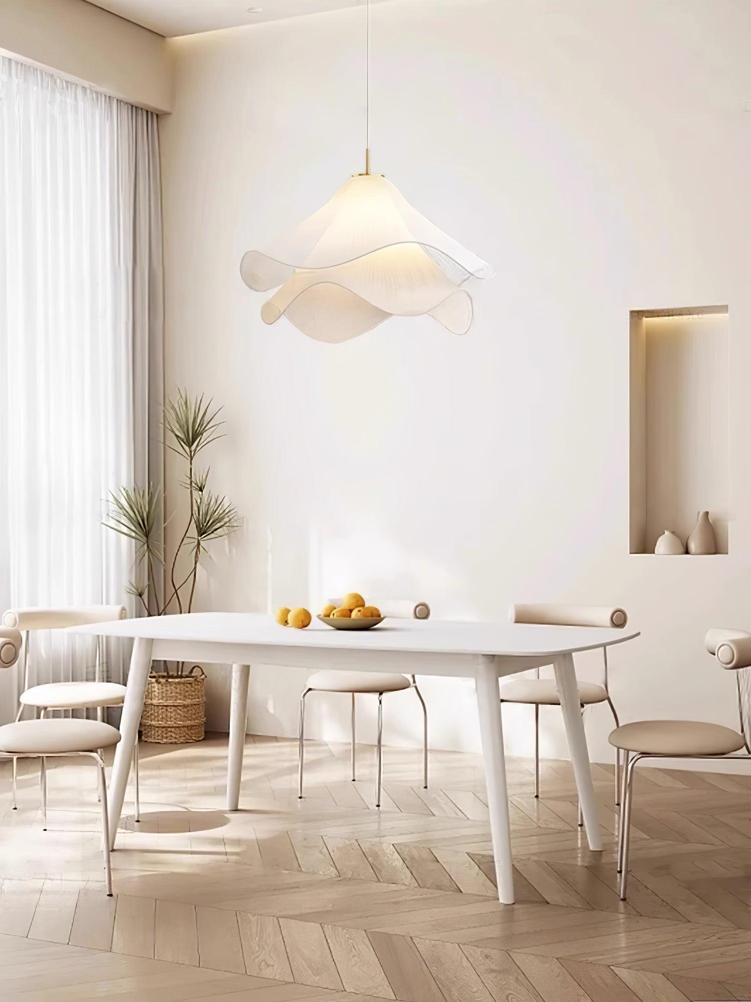 Modern Pleated White Fabric Pendant Light Botanical Layered Hanging Fixture with Gold Hardware