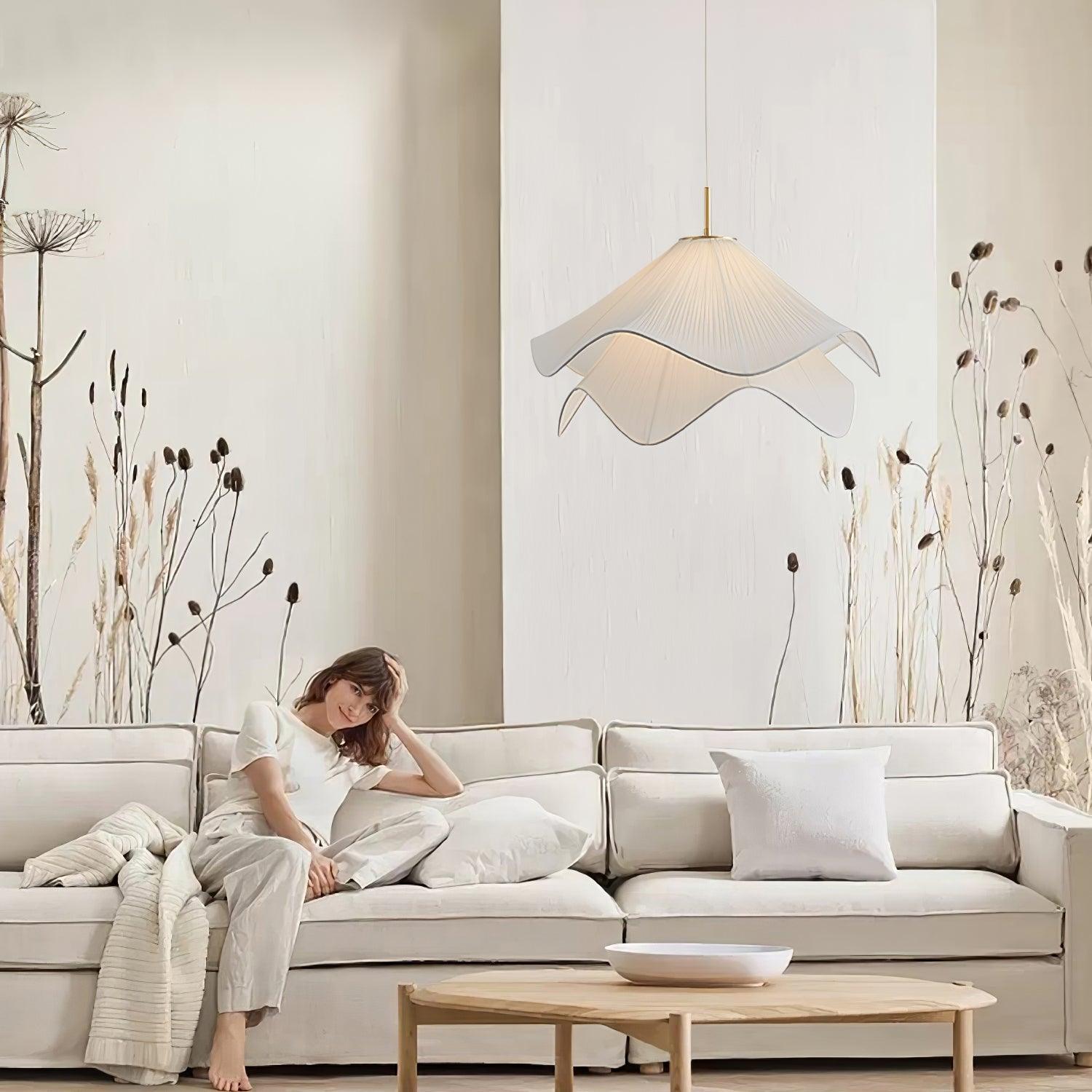 Modern Pleated White Fabric Pendant Light Botanical Layered Hanging Fixture with Gold Hardware
