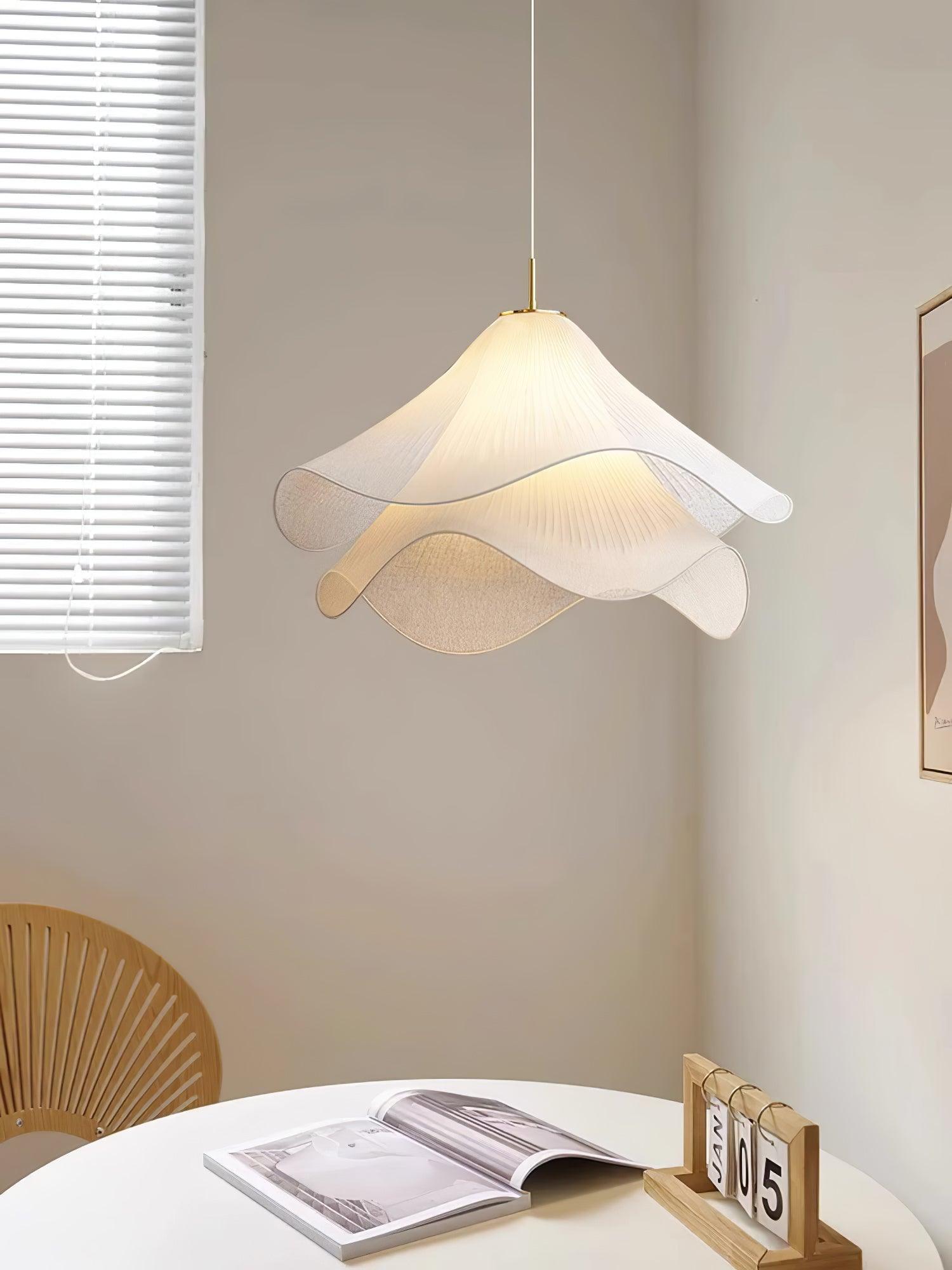 Modern Pleated White Fabric Pendant Light Botanical Layered Hanging Fixture with Gold Hardware