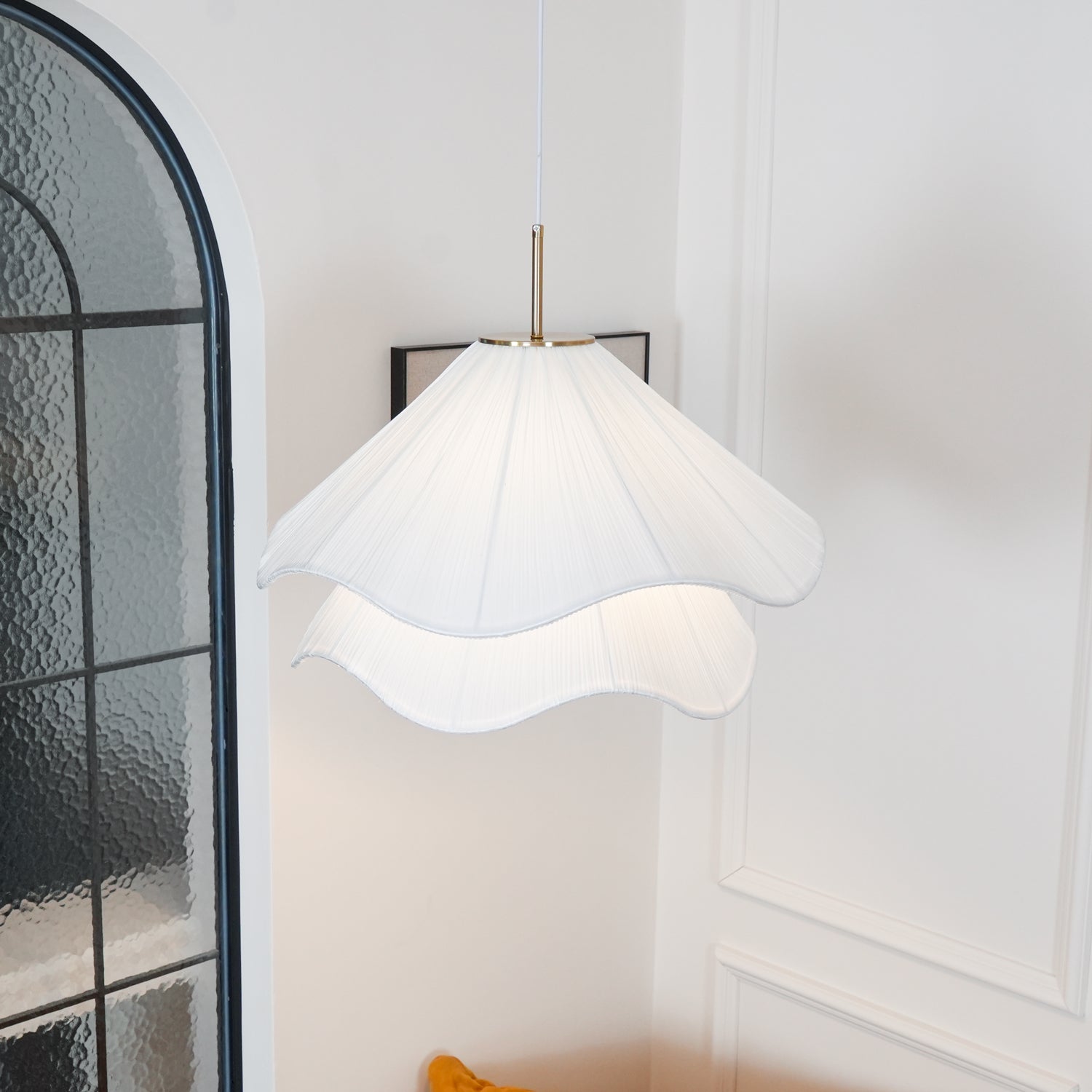 Modern Pleated White Fabric Pendant Light Botanical Layered Hanging Fixture with Gold Hardware