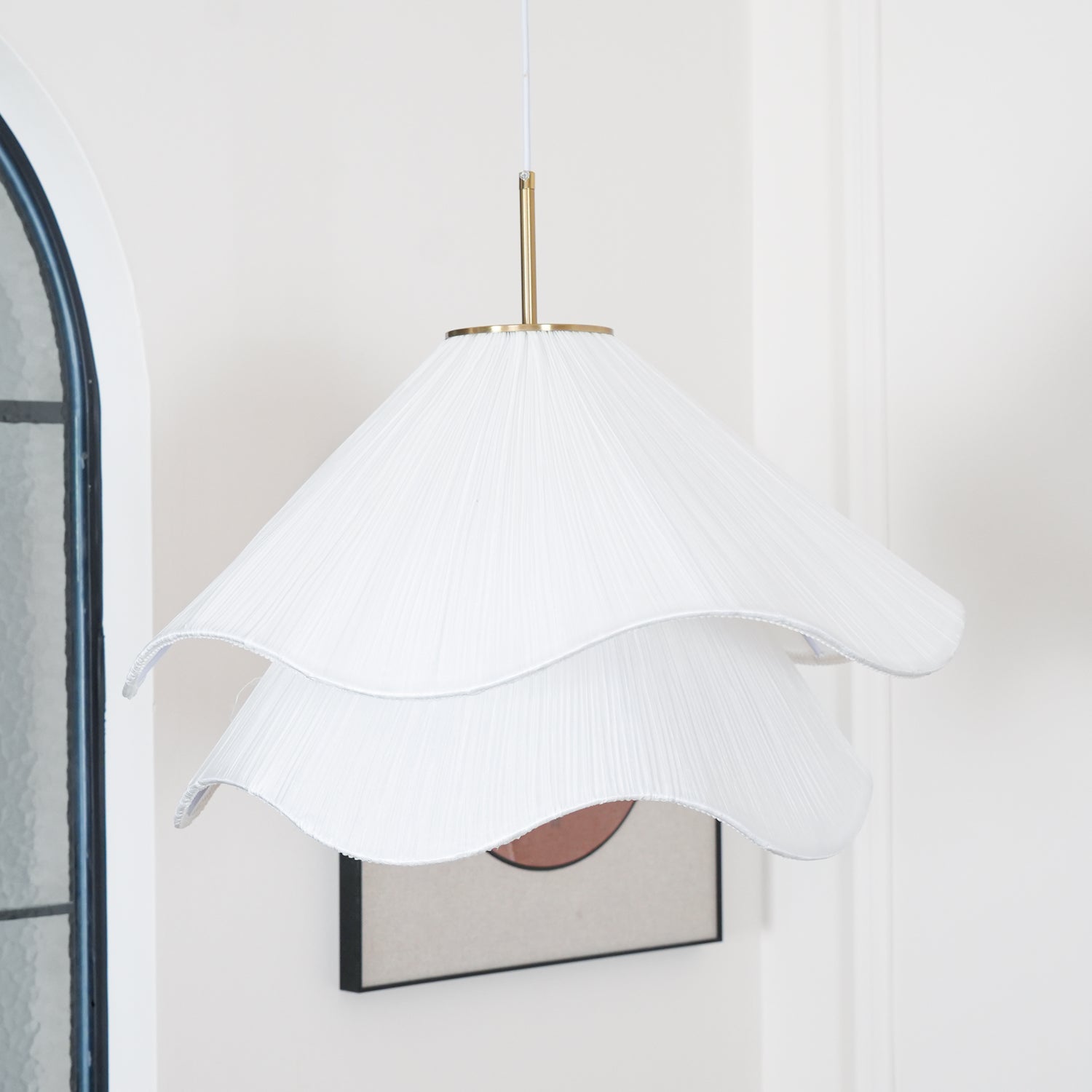 Modern Pleated White Fabric Pendant Light Botanical Layered Hanging Fixture with Gold Hardware