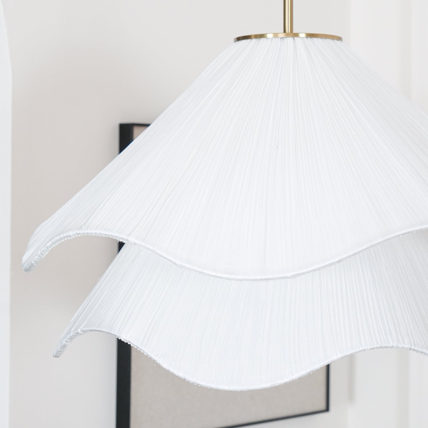Modern Pleated White Fabric Pendant Light Botanical Layered Hanging Fixture with Gold Hardware