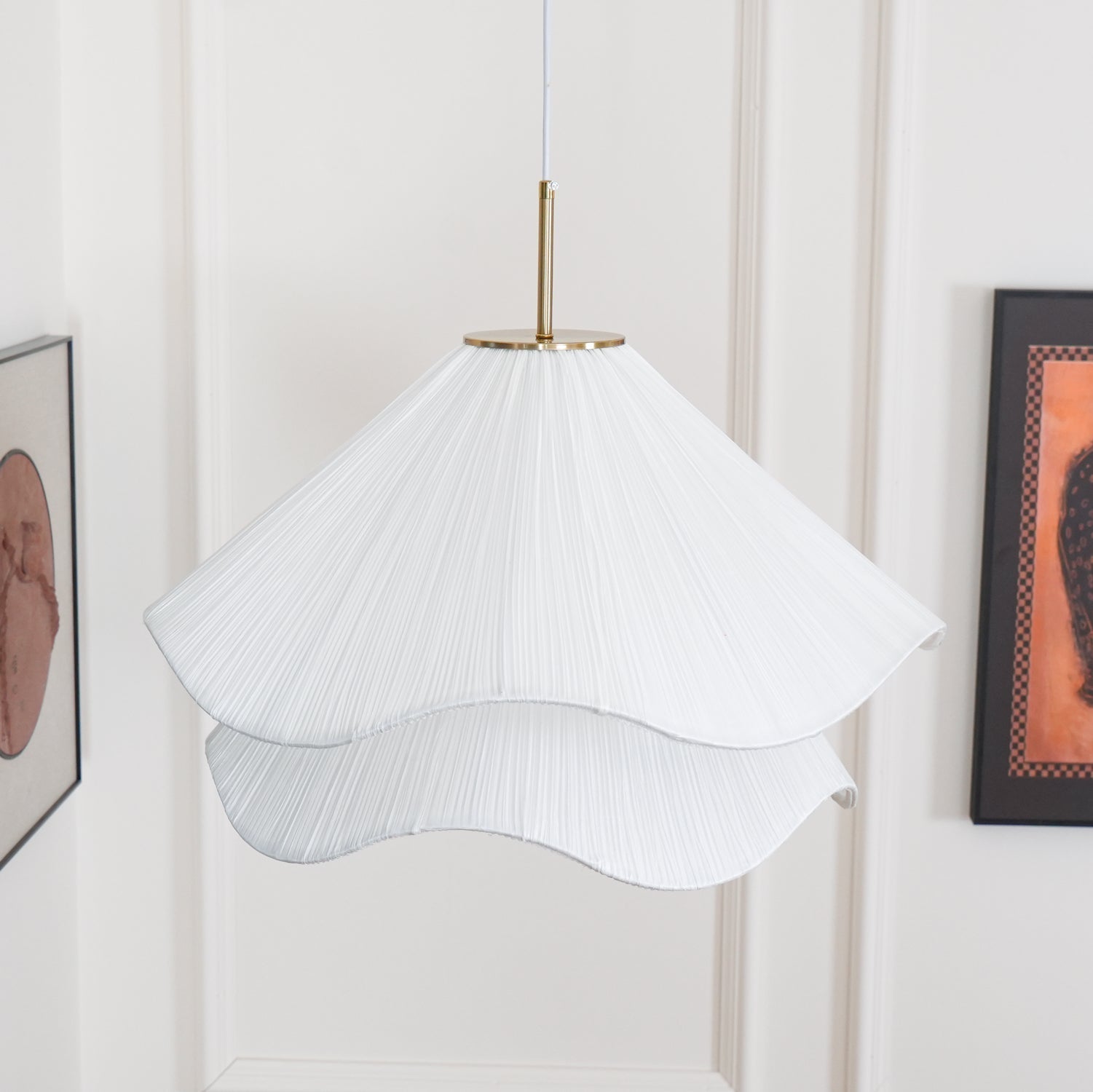 Modern Pleated White Fabric Pendant Light Botanical Layered Hanging Fixture with Gold Hardware