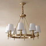 Modern Polished Brass Crown Chandelier with Natural Linen Shades for Living Room
