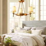 Modern Polished Brass Crown Chandelier with Natural Linen Shades for Living Room