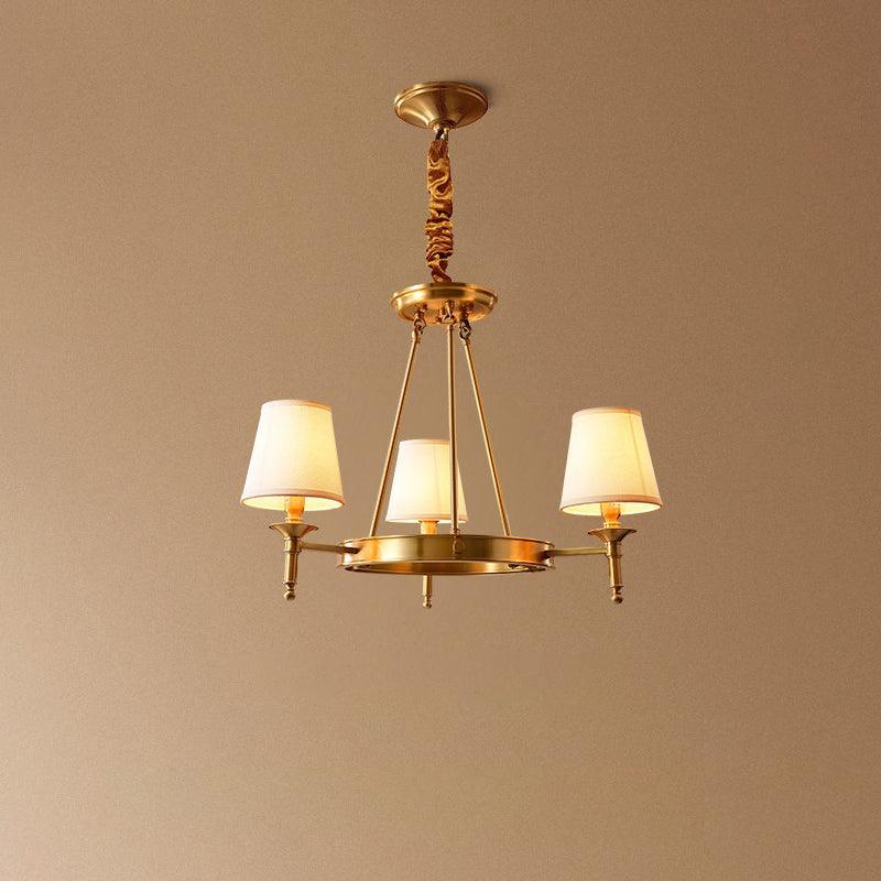 Modern Polished Brass Crown Chandelier with Natural Linen Shades for Living Room